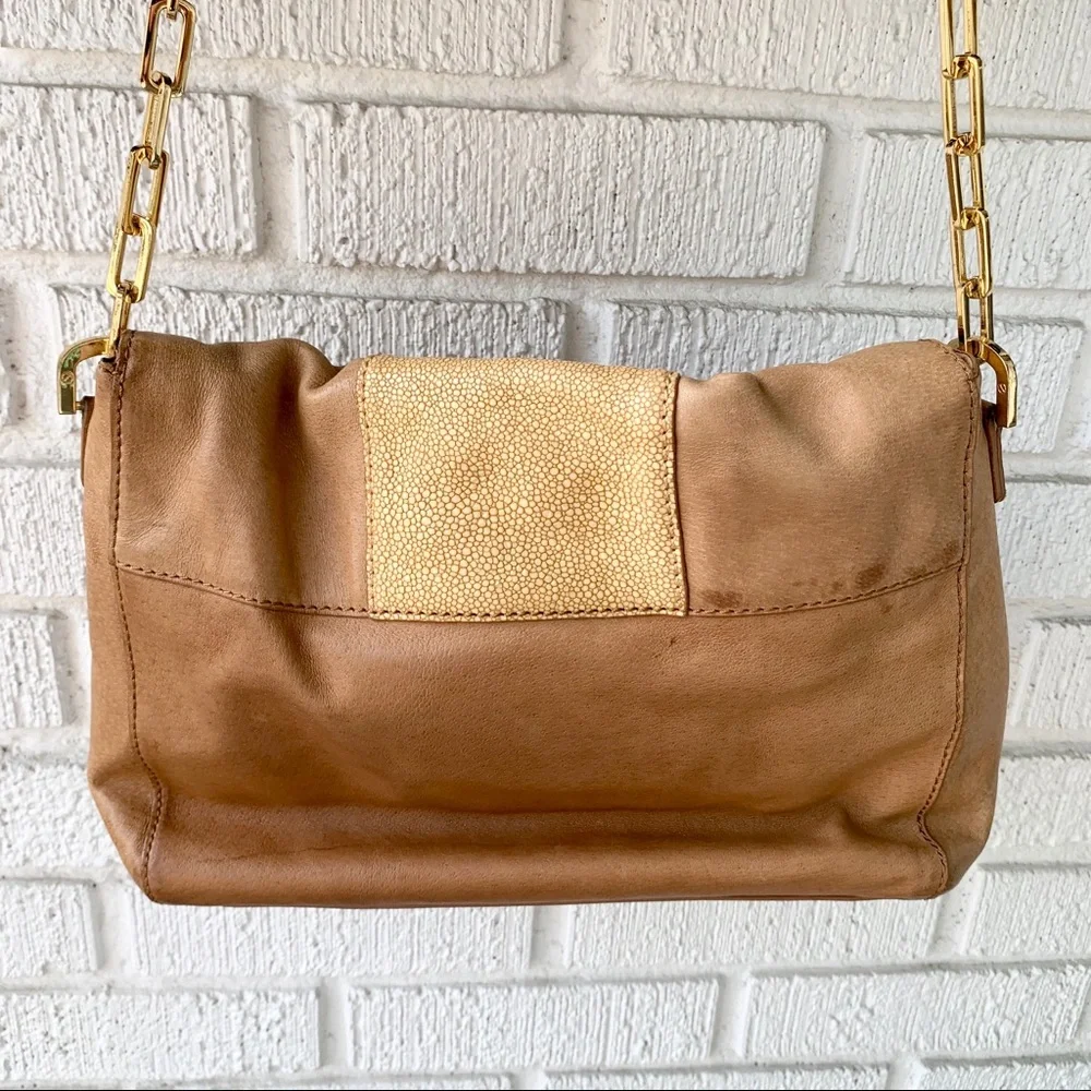Tory Burch Tan Patterned Gold Chain Shoulder Bag